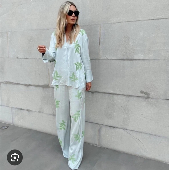Zara Pants - ZARA Set 2 pc Embroided Beaded Leaf Wide Satin Pants and Top size S